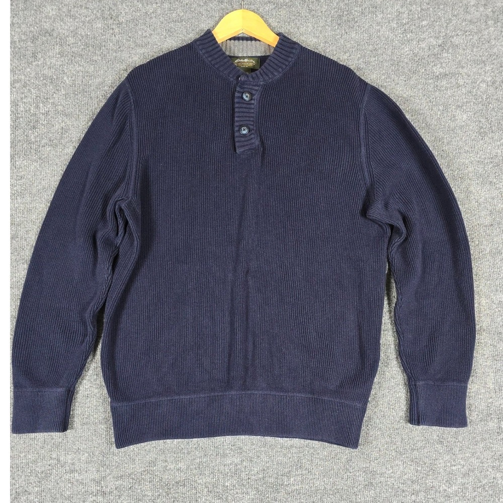 Eddie Bauer Navy Cotton Ribbed Henley Sweater Mens Sz L Long Sleeve Button Neck